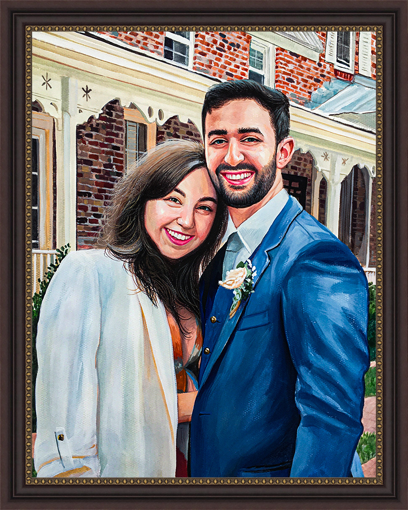 Couple watercolor painting in front of a brick house